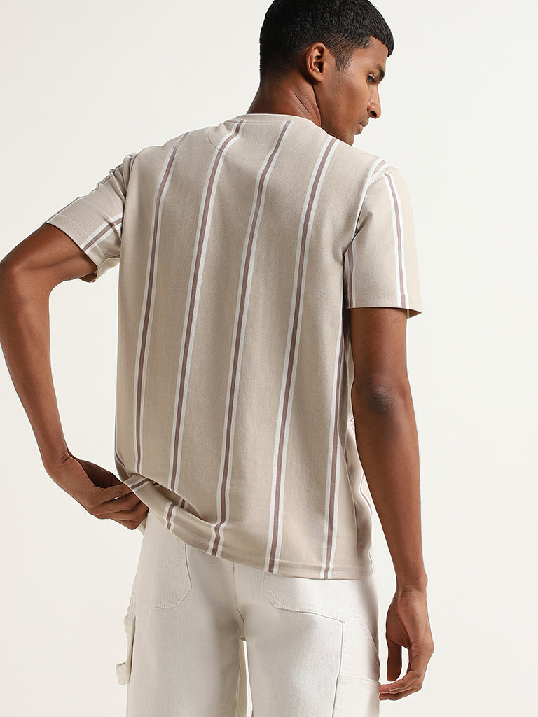 Nuon Beige Striped Cotton Blend Slim Fit T-Shirt