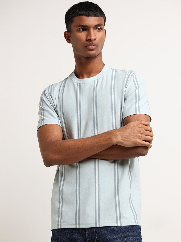 Nuon Blue Slim Fit Striped Cotton Blend T-Shirt