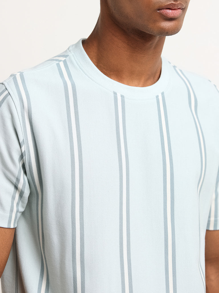 Nuon Blue Slim Fit Striped Cotton Blend T-Shirt