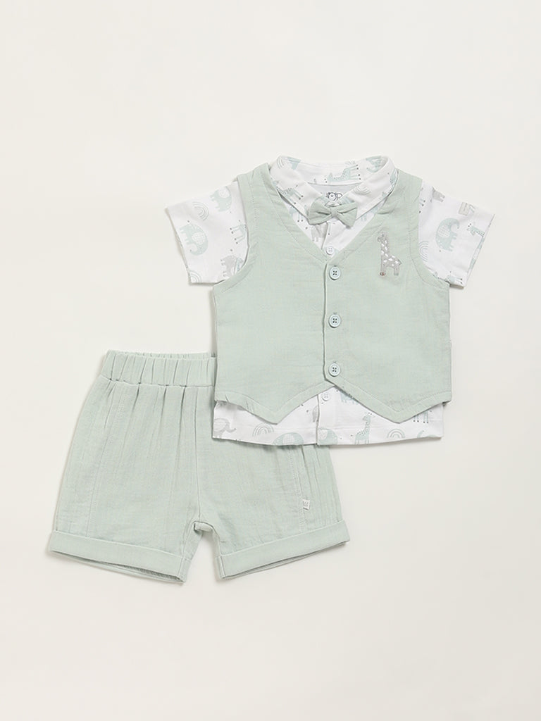 HOP Baby Green Printed Shirt, Waistcoat & Shorts Set
