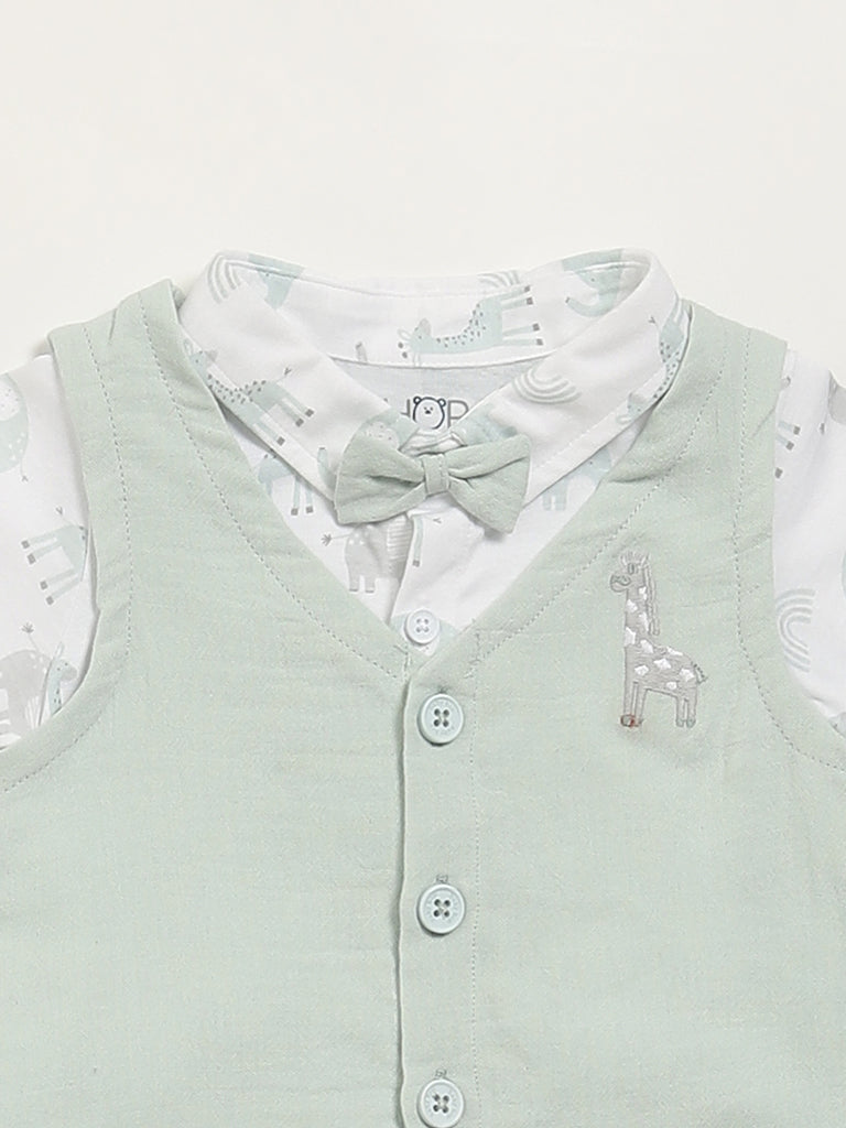 HOP Baby Green Printed Shirt, Waistcoat & Shorts Set