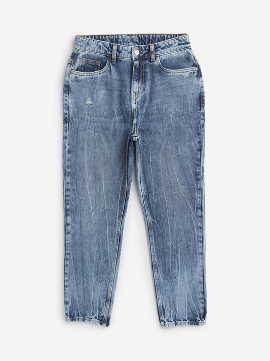 Y&F Kids Blue Faded Mid-Rise Straight-Fit Jeans
