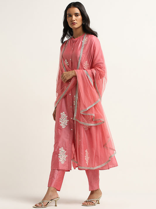 Vark Pink Floral A-Line Kurta, Mid-Rise Ethnic Pants and Dupatta Set
