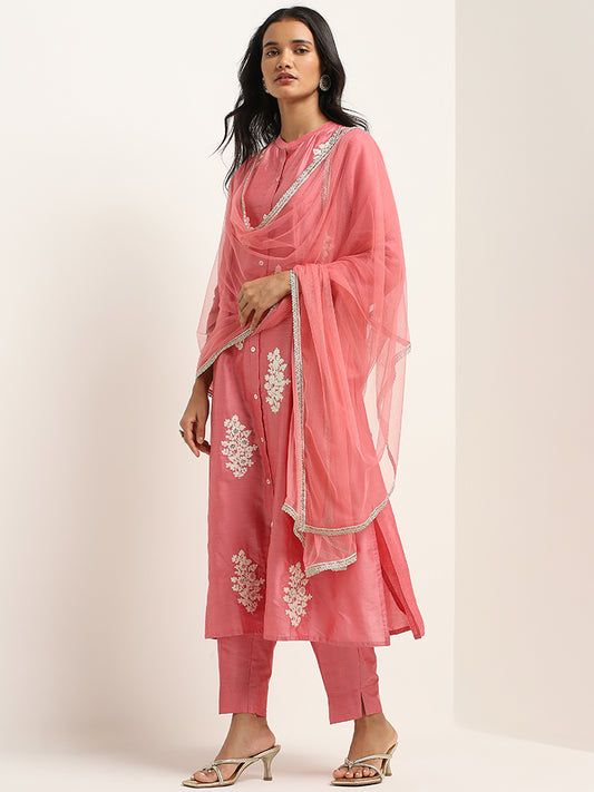 Vark Pink Floral A-Line Kurta, Mid-Rise Ethnic Pants and Dupatta Set