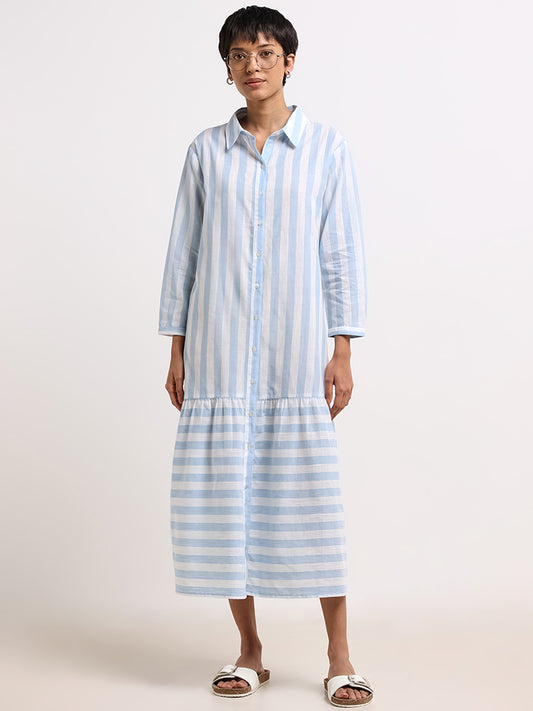 Utsa Blue Striped Cotton Shirt Midi-Dress
