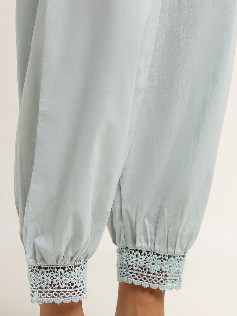 Utsa Light Blue Crochet-Trimmed Pants