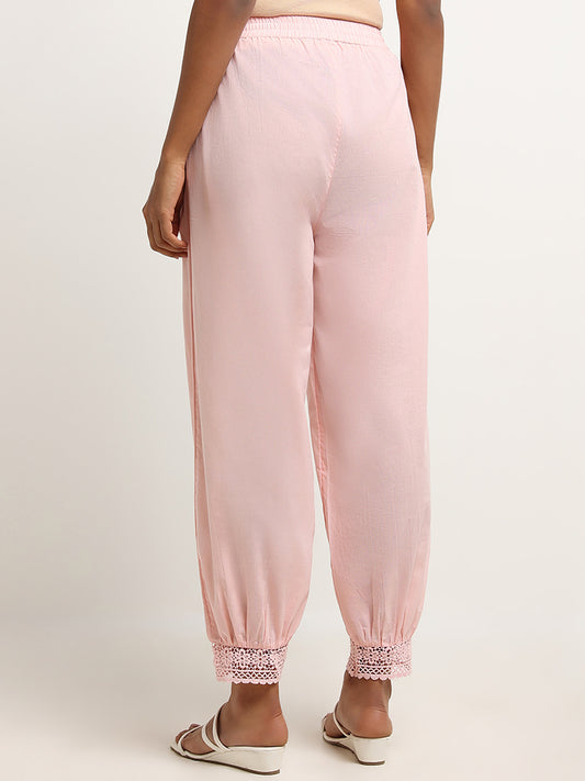 Utsa Pink Cotton Crochet Trimmed Pants