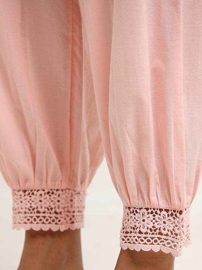 Utsa Pink Cotton Crochet Trimmed Pants