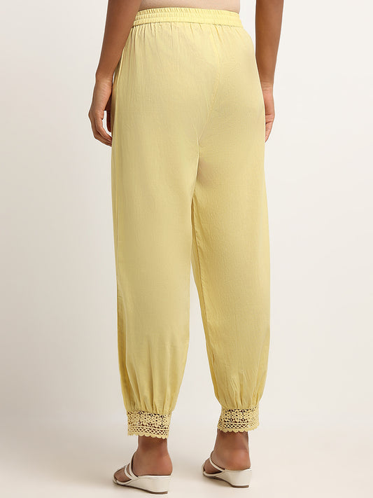 Utsa Yellow Cotton Crochet Trimmed Pants