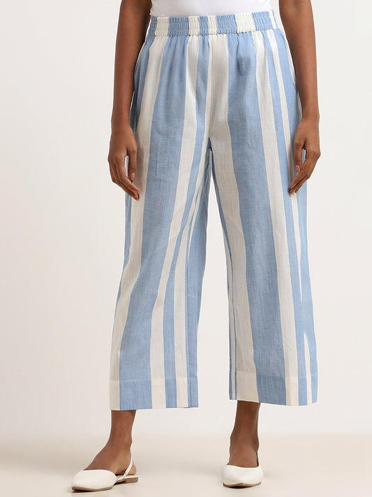 Utsa Blue Striped Straight-Fit Pants