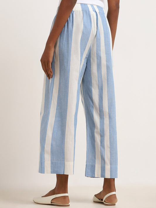 Utsa Blue Striped Cotton Straight-Fit Pants