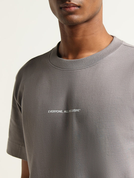 Studiofit Grey Printed Cotton Loose Fit T-Shirt