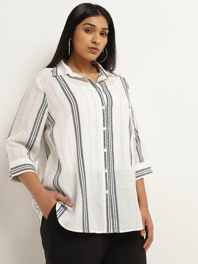 Gia Off-White Striped Printed Cotton Shirt