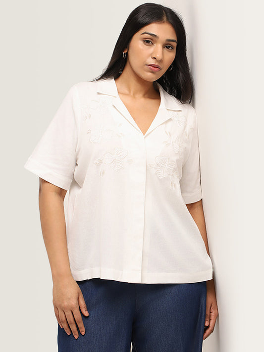 Gia White Embroidered Blended Linen Shirt