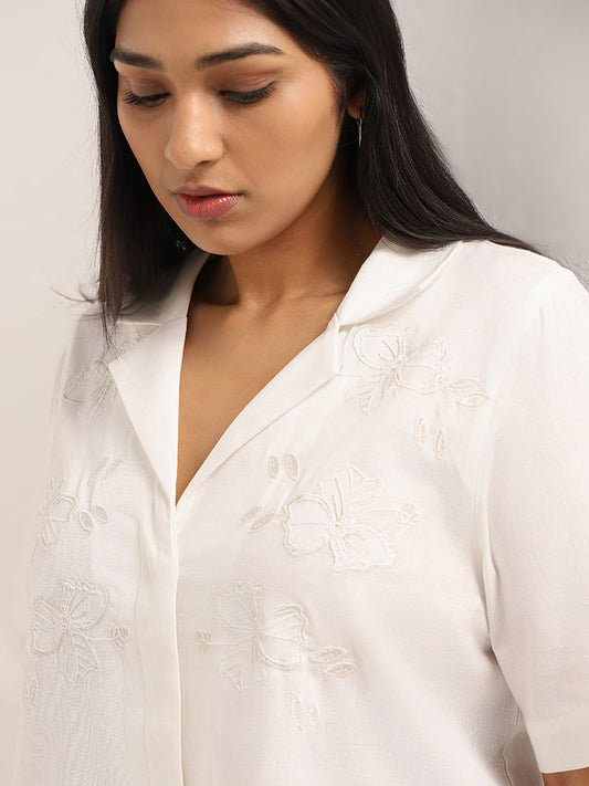 Gia White Embroidered Blended Linen Shirt