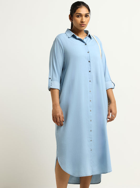 Gia Solid Blue Blended Linen Shirt Dress
