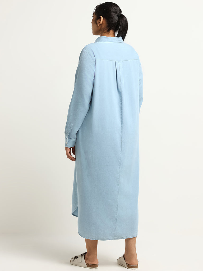 Gia Solid Blue Blended Linen Shirt Dress