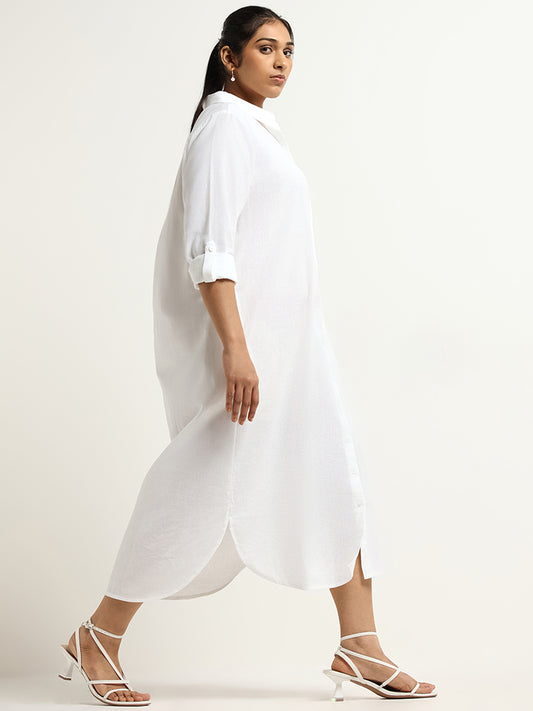 Gia Solid White Blended Linen Shirt Dress
