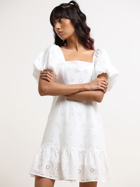 Nuon White Schiffli Cotton Tiered Dress