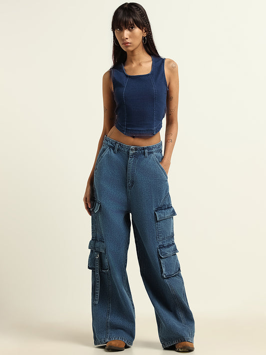 Nuon Blue Relaxed Fit High-Waist Cargo Jeans