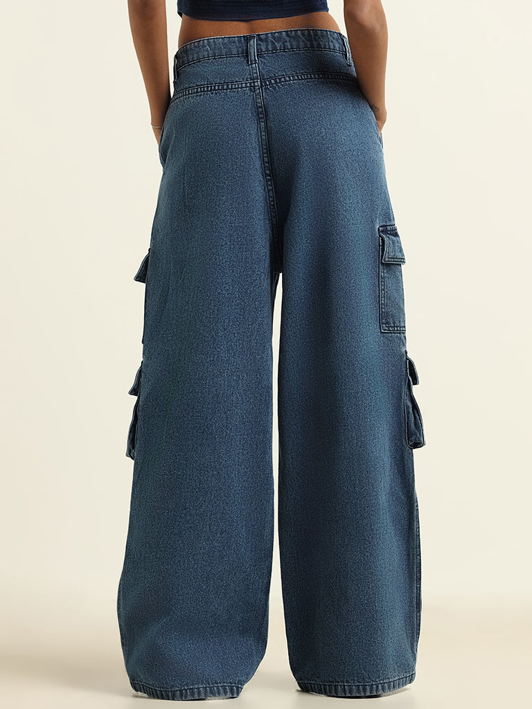 Nuon Blue Relaxed Fit High-Waist Cargo Jeans
