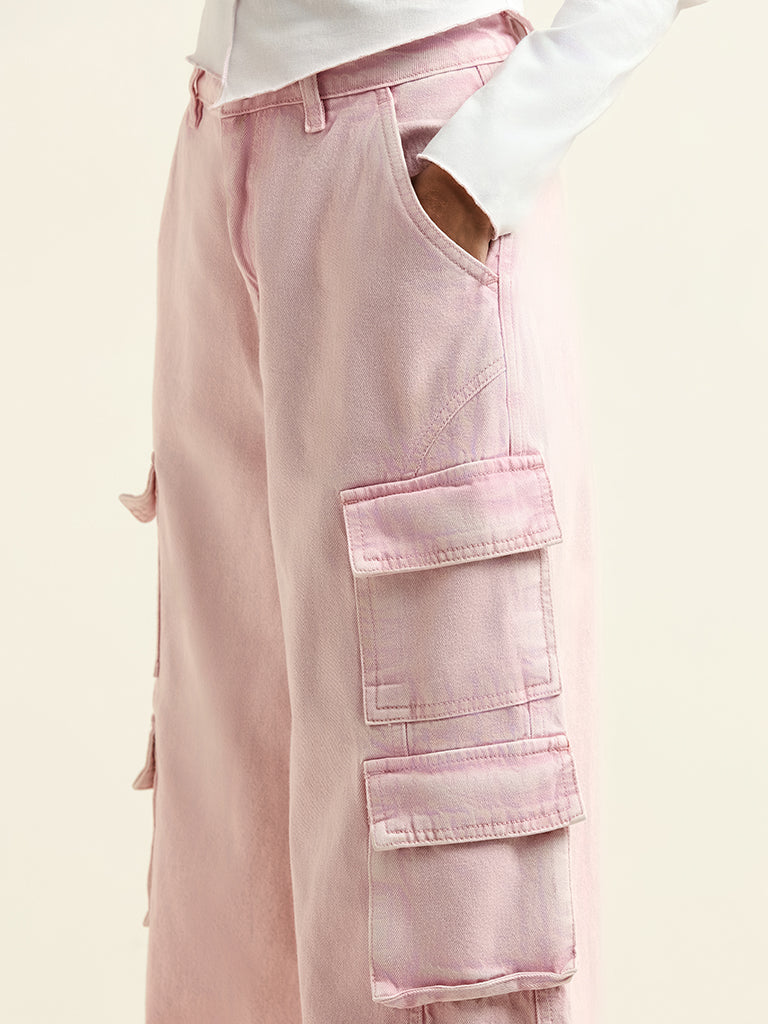 Nuon Pink Mid Rise Wide Leg Fit Cargo Jeans