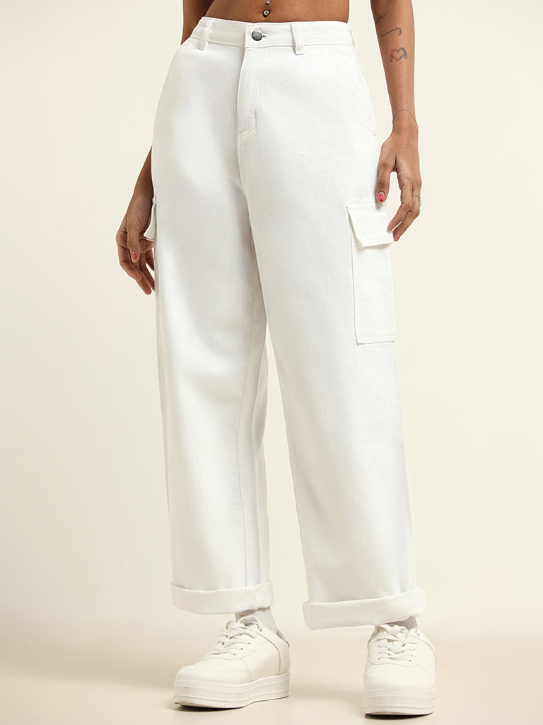 Nuon White Straight Fit High Rise Cargo Jeans