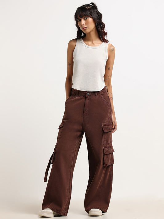 Nuon Brown Relaxed Fit Mid-Rise Cargo Jeans
