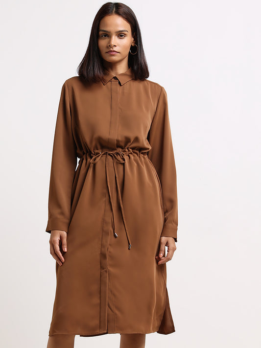 Buy LOV Chocolate Brown Schiffli Shirt Dress with Belt from Westside