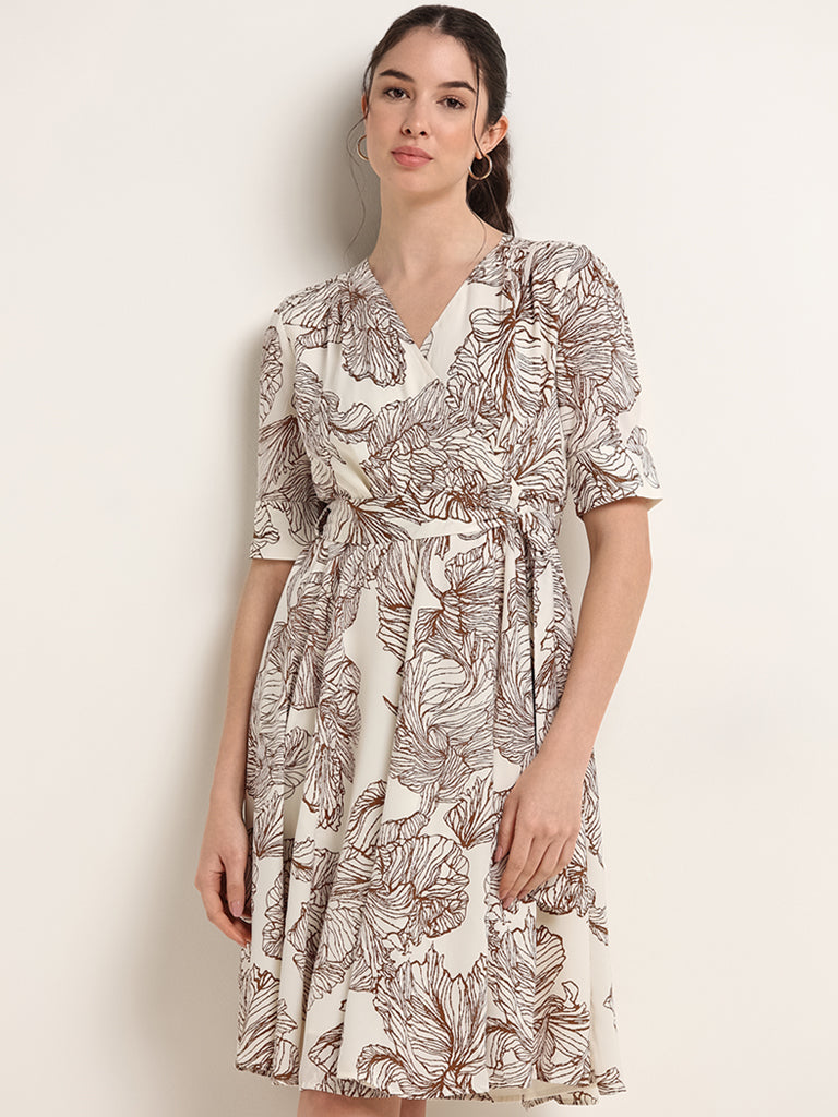 Wardrobe Off-White Printed A-Line Dress with Belt