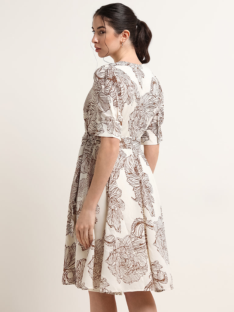Wardrobe Off-White Printed A-Line Dress with Belt