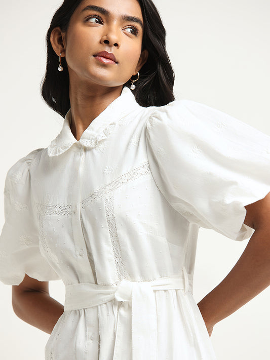 LOV White Embroidered Cotton Midi Dress With Belt