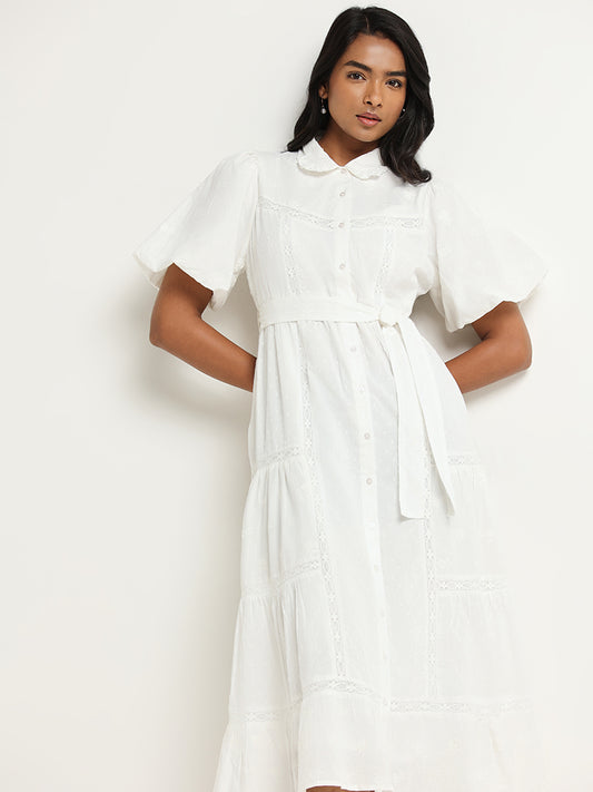 LOV White Embroidered Cotton Midi Dress With Belt
