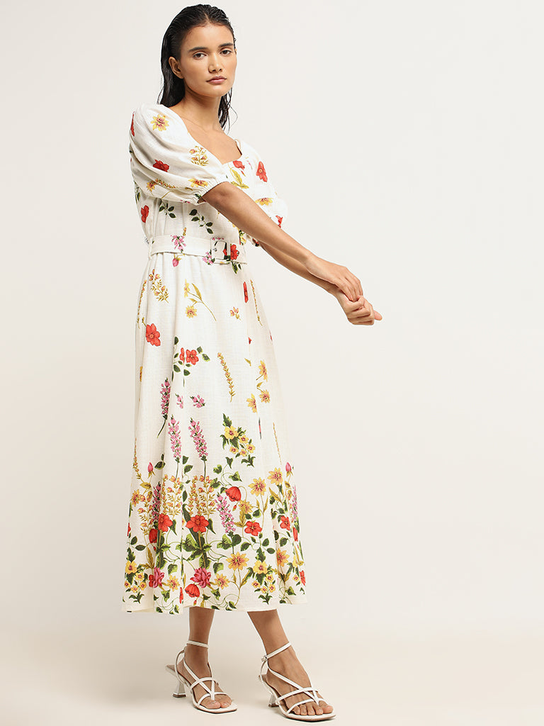 LOV Off-White Floral Blended Linen Dress with Belt