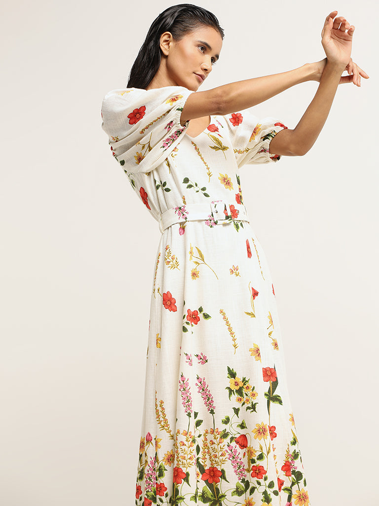 LOV Off-White Floral Blended Linen Dress with Belt