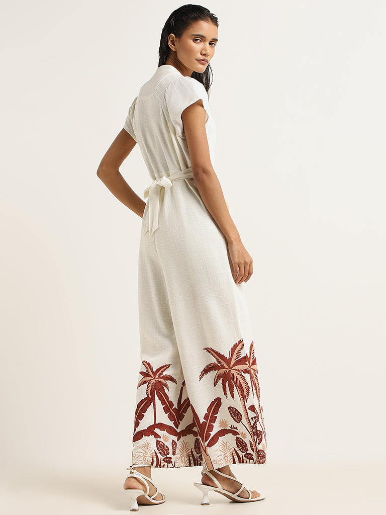 LOV Off-White Printed Blended Linen Jumpsuit
