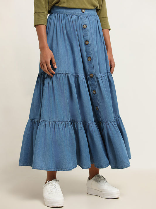 LOV Blue Solid Tiered Skirt