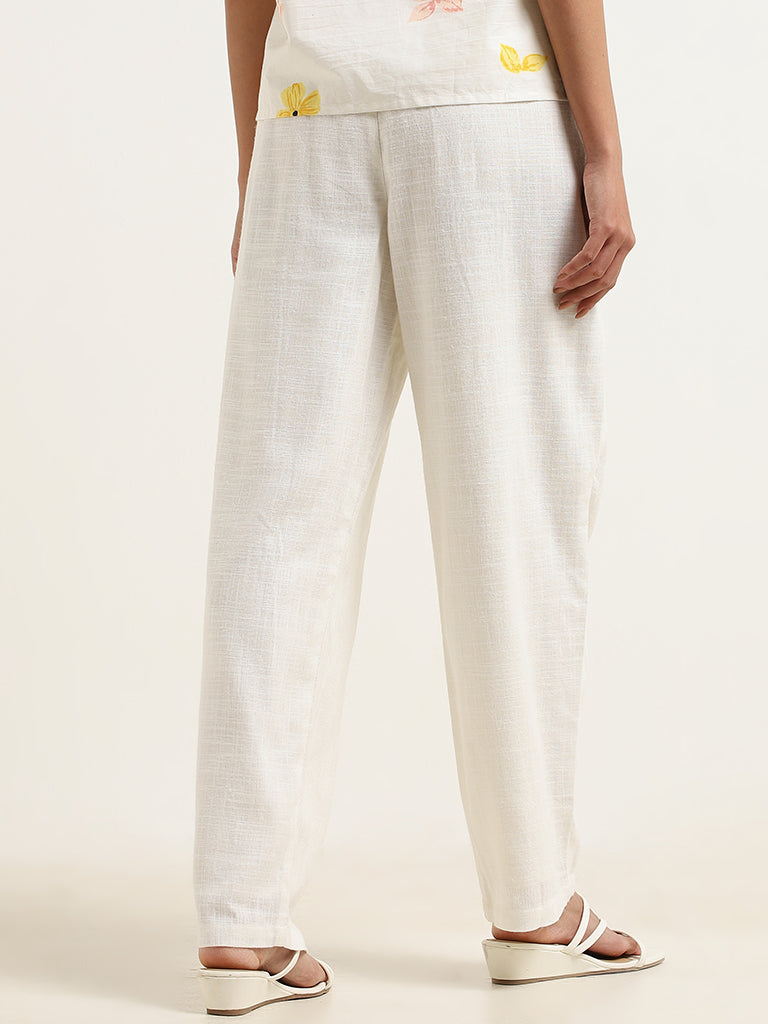LOV Off-White Solid Blended Linen Trousers