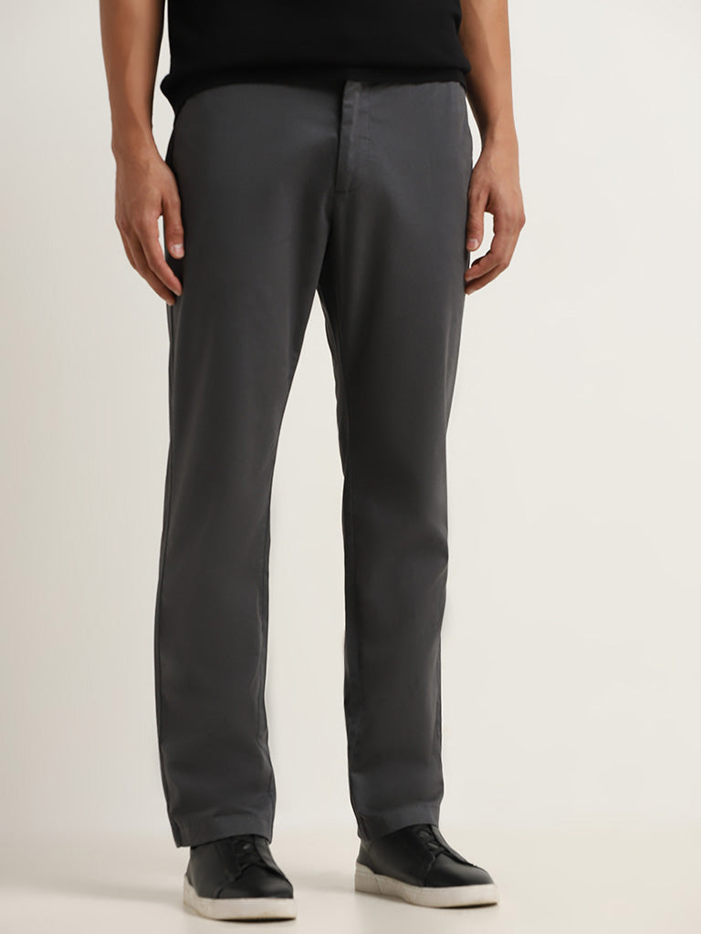 Ascot Charcoal Cotton Blend Relaxed Fit Mid Rise Chinos