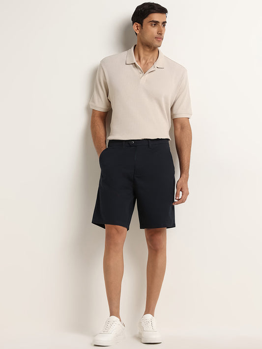 Ascot Navy Relaxed Fit Cotton Blend Mid Rise Shorts