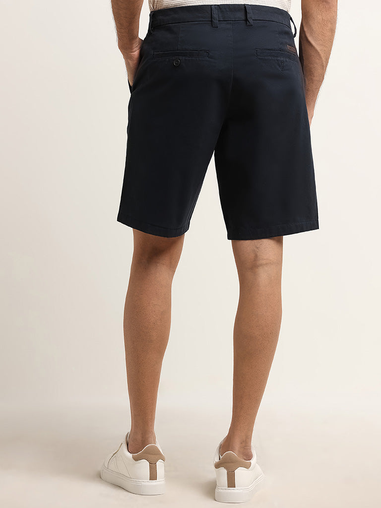 Ascot Navy Relaxed Fit Cotton Blend Mid Rise Shorts