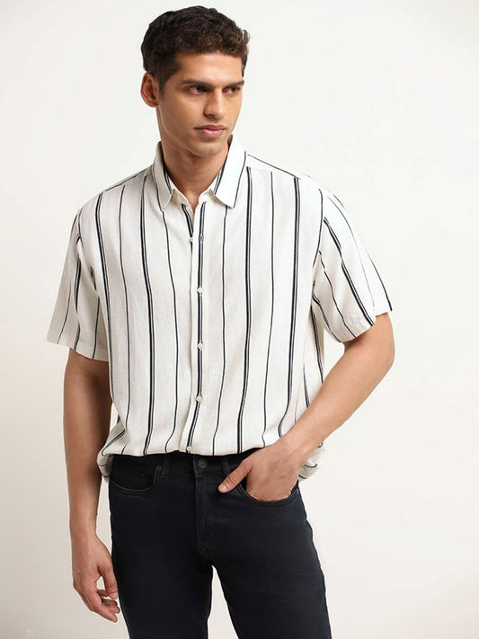 Ascot Navy Striped Relaxed Fit Blended Linen Shirt