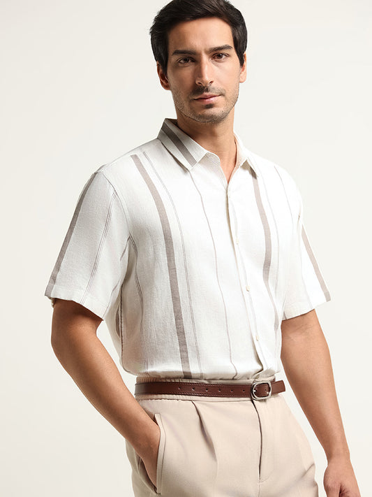 Ascot Off-White Striped Relaxed Fit Blended Linen Shirt