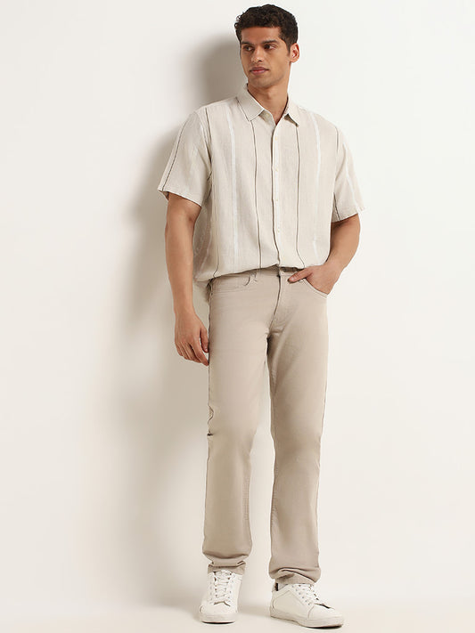 Ascot Beige Striped Relaxed Fit Blended Linen Shirt