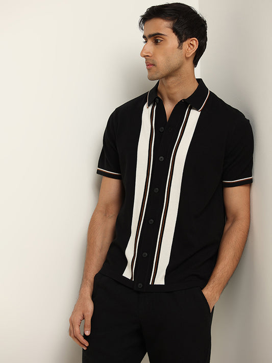 Ascot Black Striped Knit Relaxed Fit Shirt