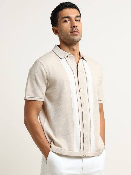 Ascot Beige Striped Knit Relaxed Fit Shirt