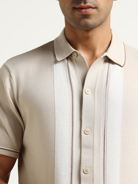 Ascot Beige Striped Knit Relaxed Fit Shirt