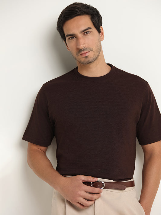 WES Lounge Brown Textured Relaxed Fit Blended Linen T-Shirt