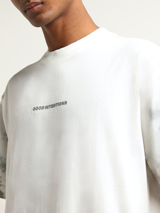 Studiofit Off-White Printed Cotton Relaxed Fit T-Shirt