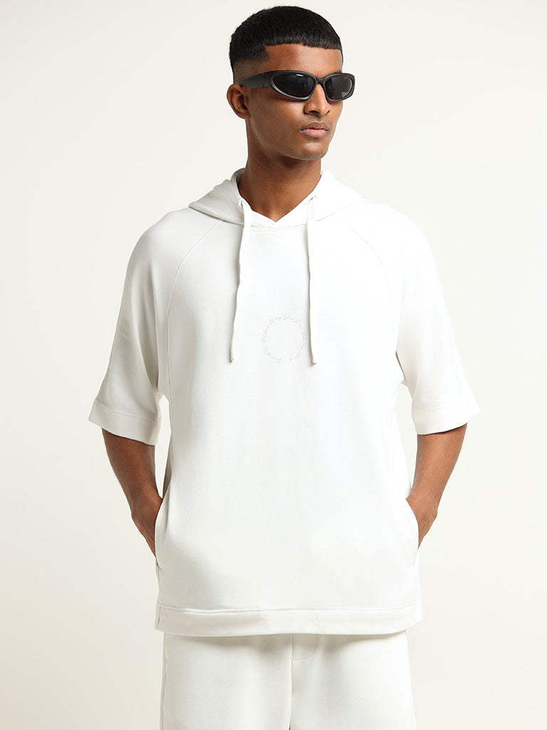 Studiofit Off-White Printed Hoodie Cotton Relaxed Fit T-Shirt
